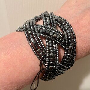 Beautiful Beaded Adjustable Cuff Bracelet - Shades of Blue, Grey and Black